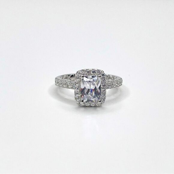 NEW STERLING SILVER | Emerald Cut Halo Engagement Ring - Picture 1 of 7